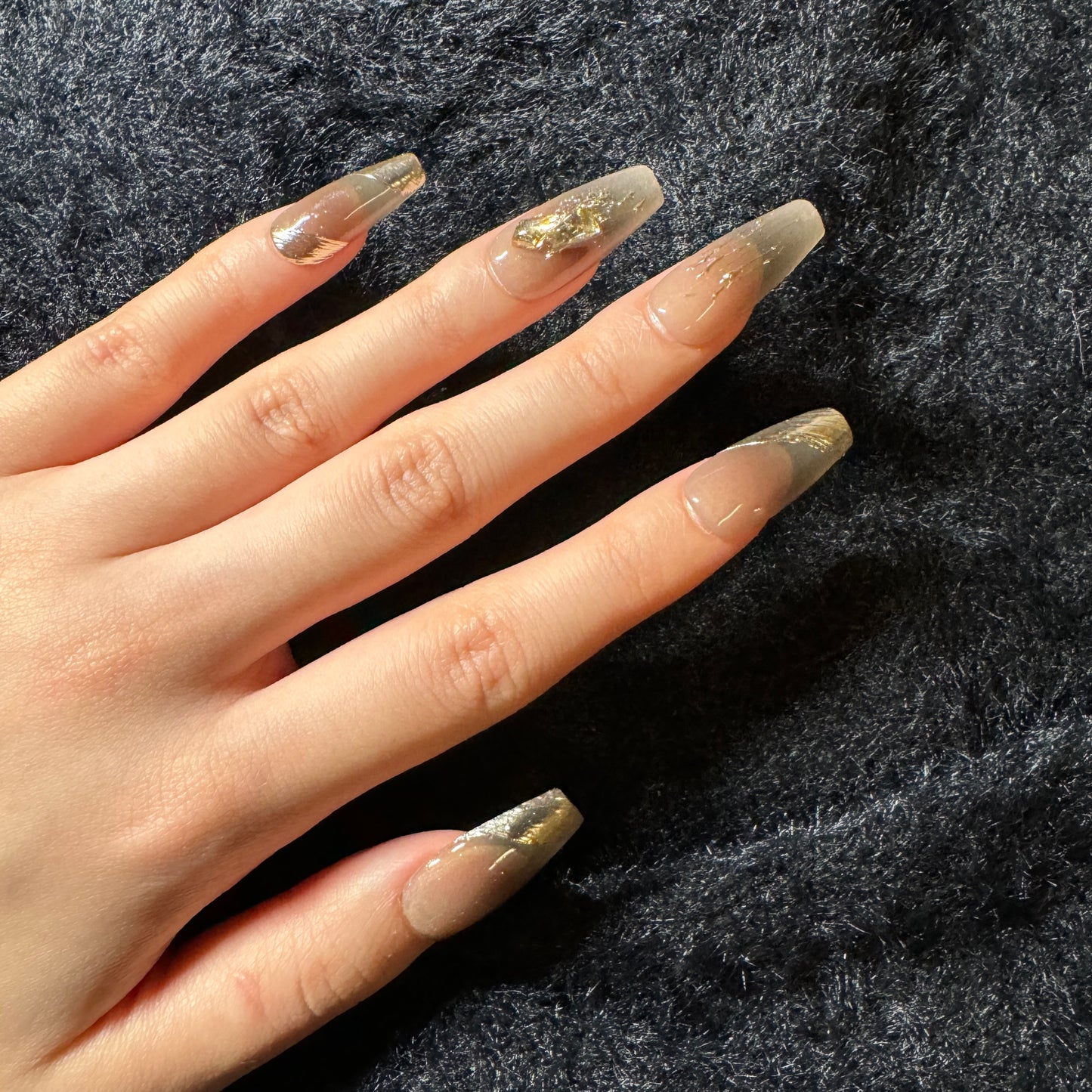 press-on nails / yellow golden cat-eye with French tip and stones