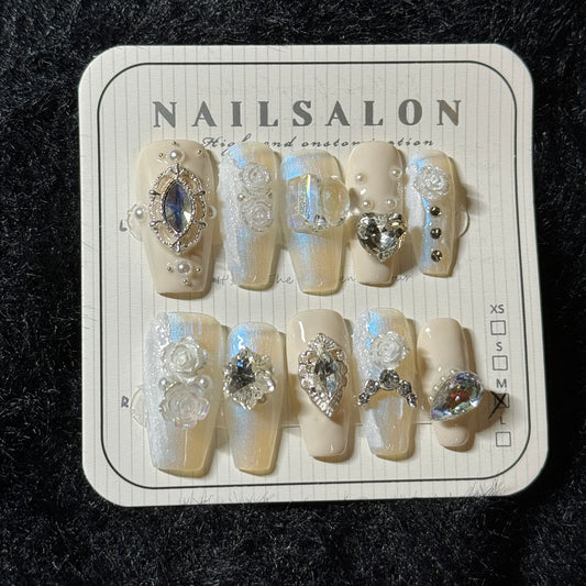 press-on nails / creamy white with big stones and roses