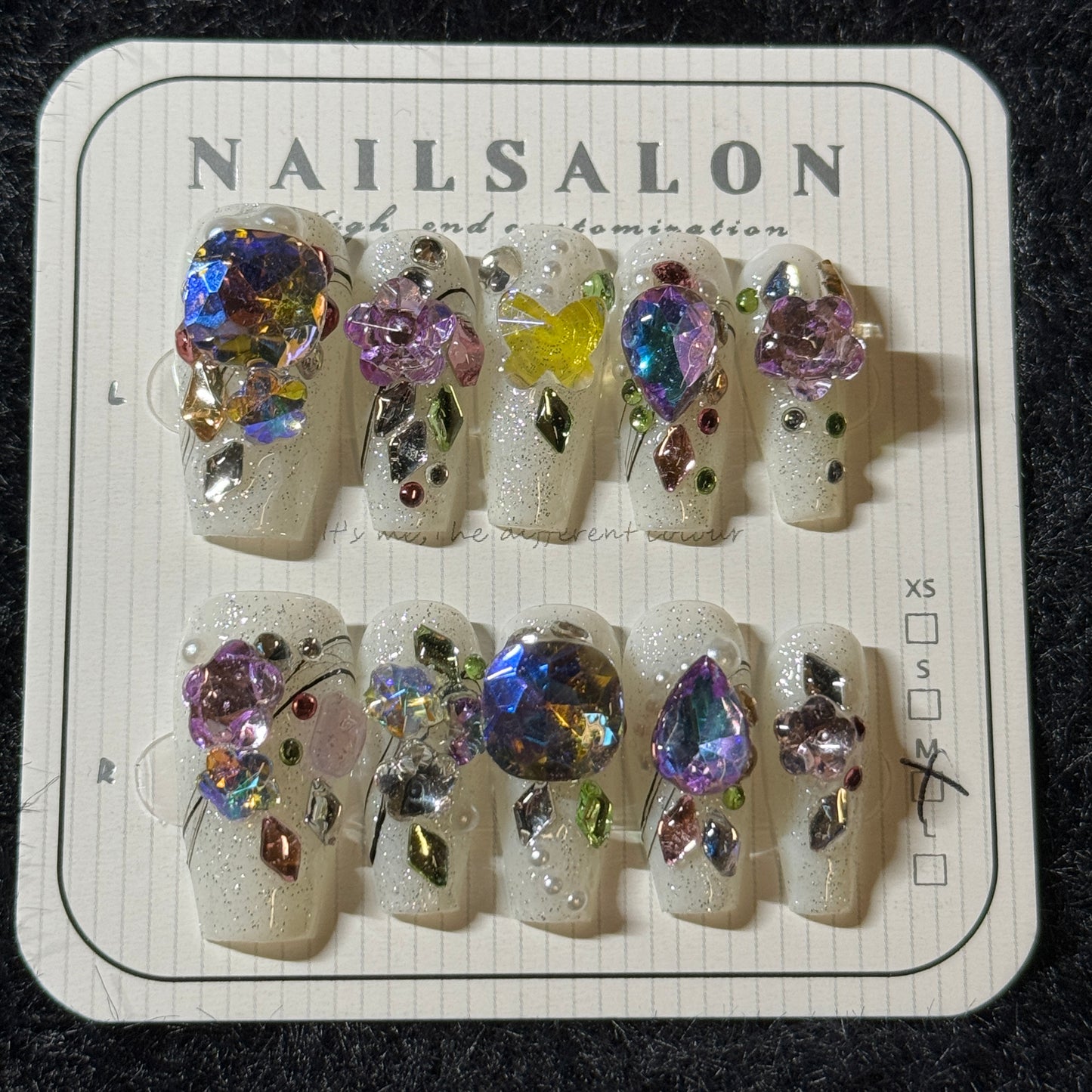 press-on nails / glowy white with colorful stones