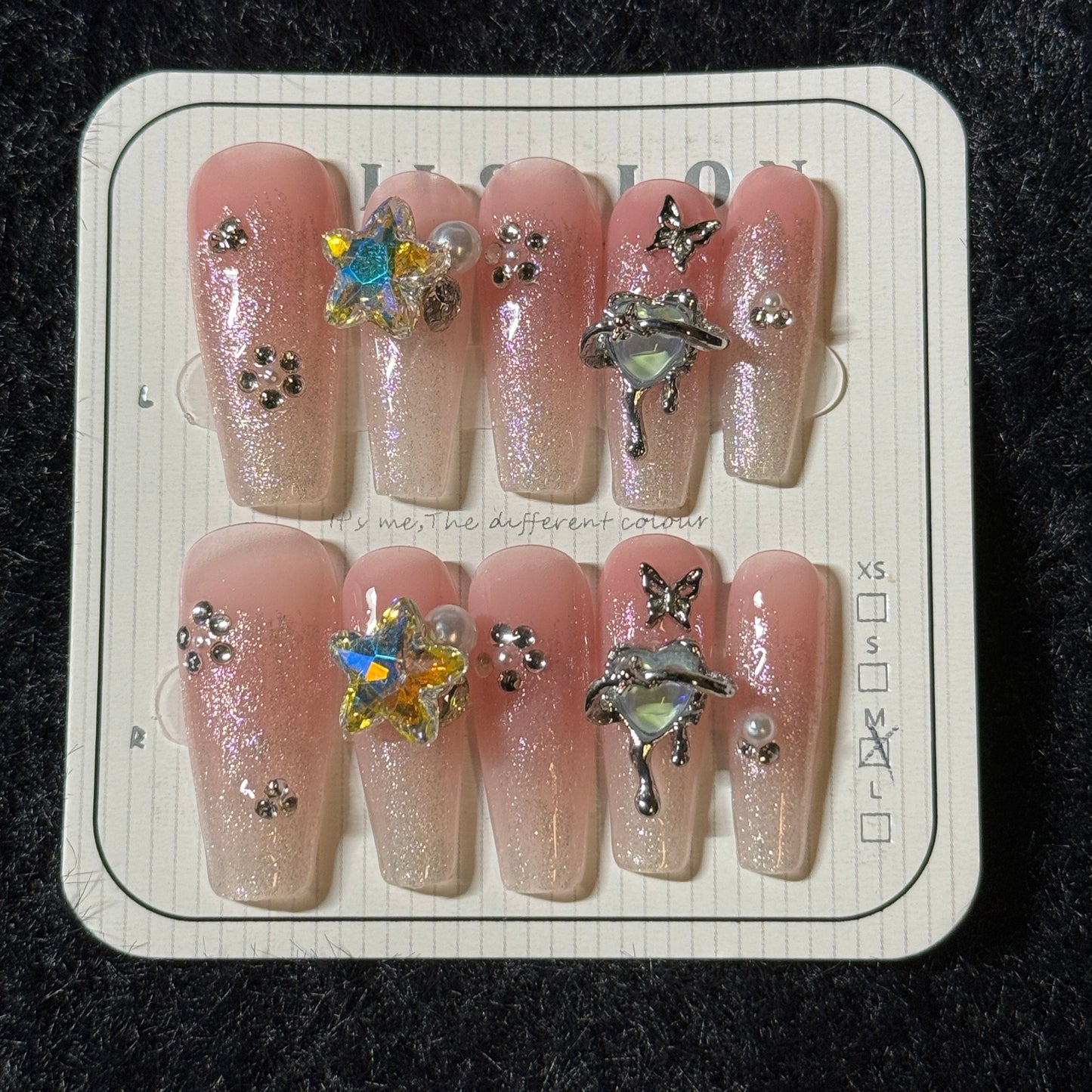 press-on nails / gradient pink white with stars and stones