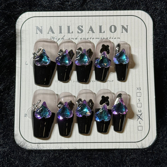 press-on nails / black high French with blue purple stones