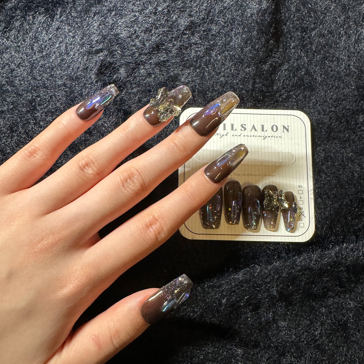 press-on nails / brown grey with butterfly and blue purple stones