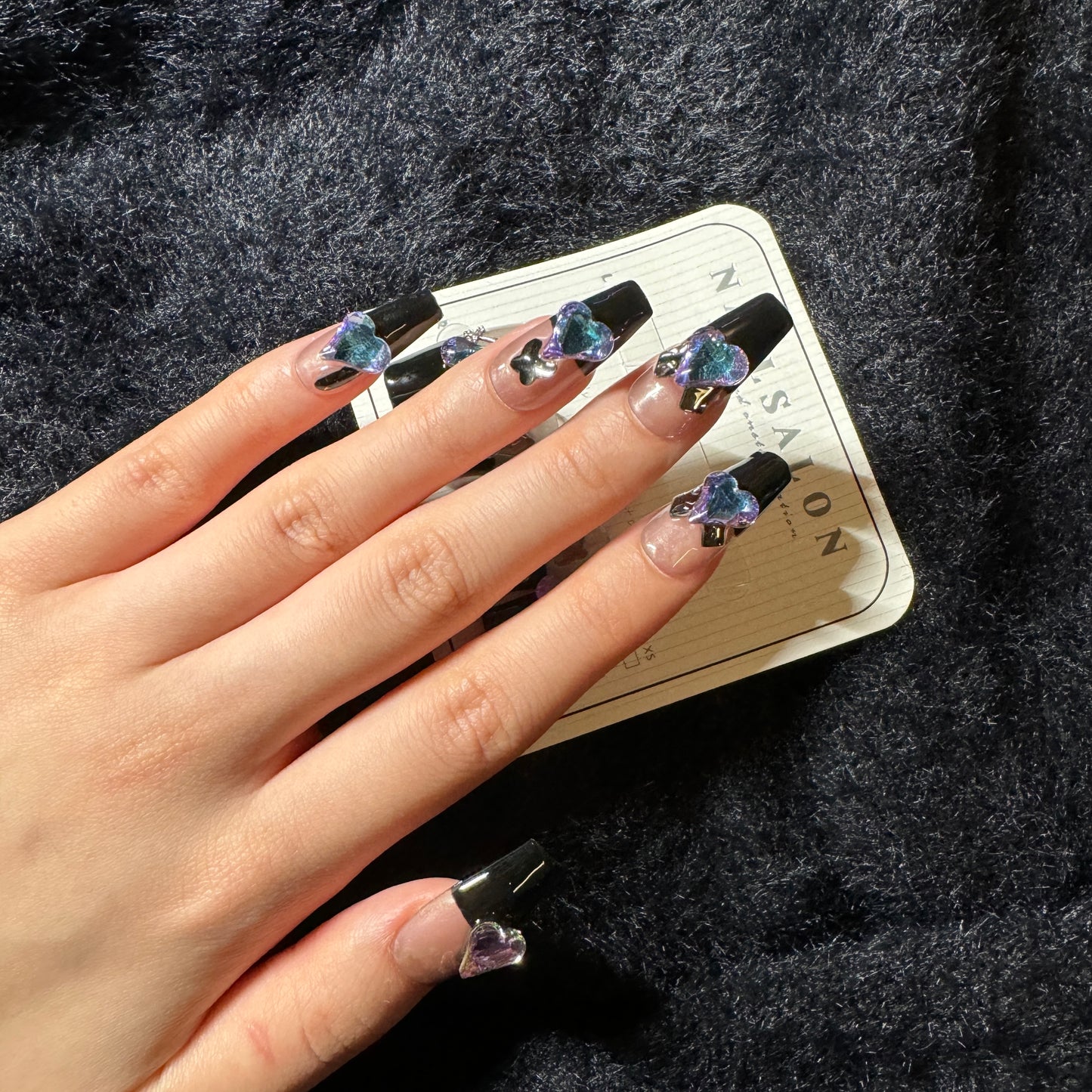 press-on nails / black high French with blue purple stones