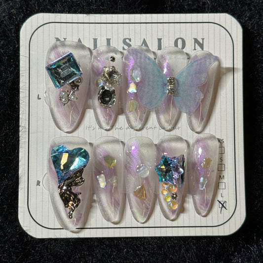 press-on nails / light purple with vivid butterfly and big stones