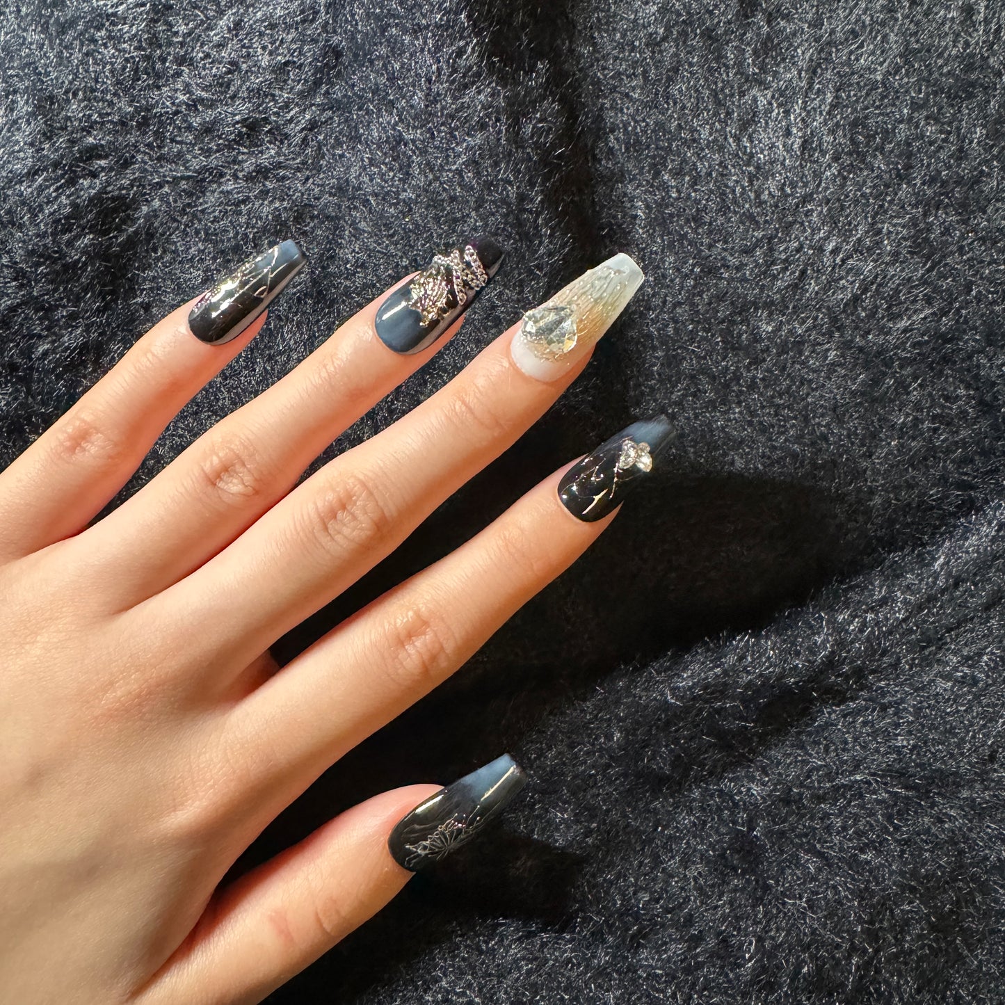 press-on nails / black blue white with silver butterfly and golden silver decorations