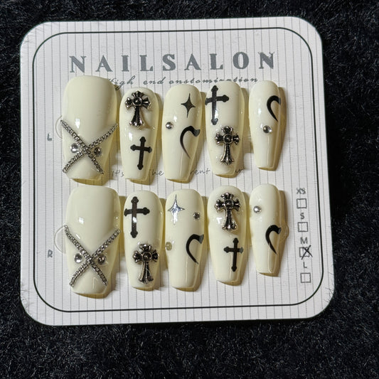 press-on nails / creamy white with cross and silver chains