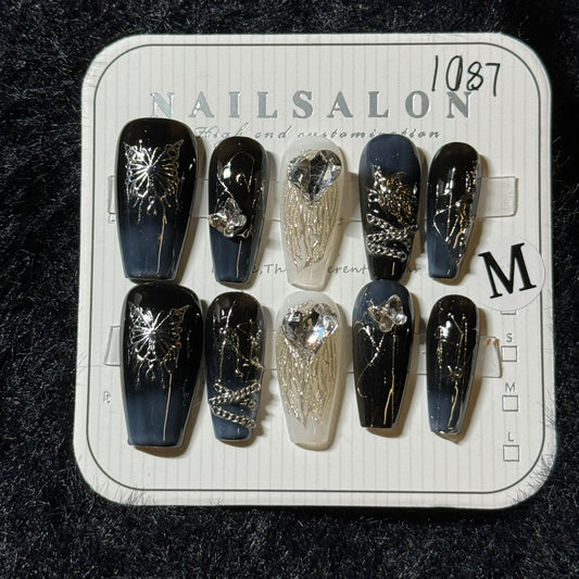 press-on nails / black blue white with silver butterfly and golden silver decorations